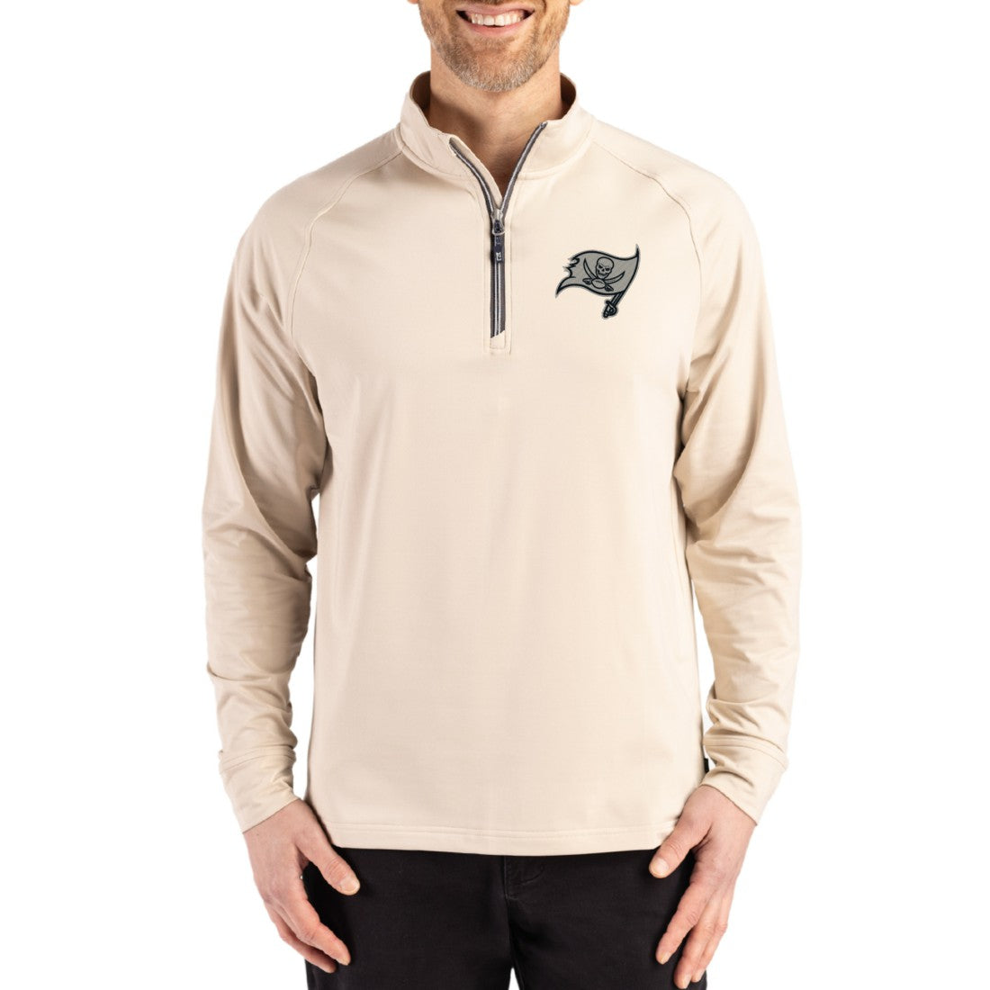 Tampa Bay Buccaneers Cutter & Buck Adapt Eco Knit Stretch Recycled Quarter-Zip Pullover - Tan on sale