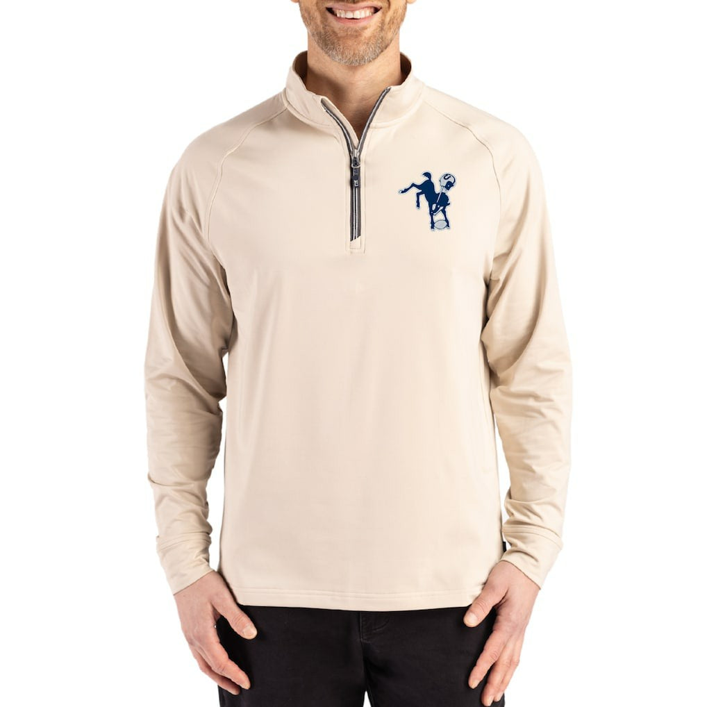 Indianapolis Colts Cutter & Buck Throwback Logo Adapt Eco Knit Stretch Recycled Quarter-Zip Pullover - Tan for sale