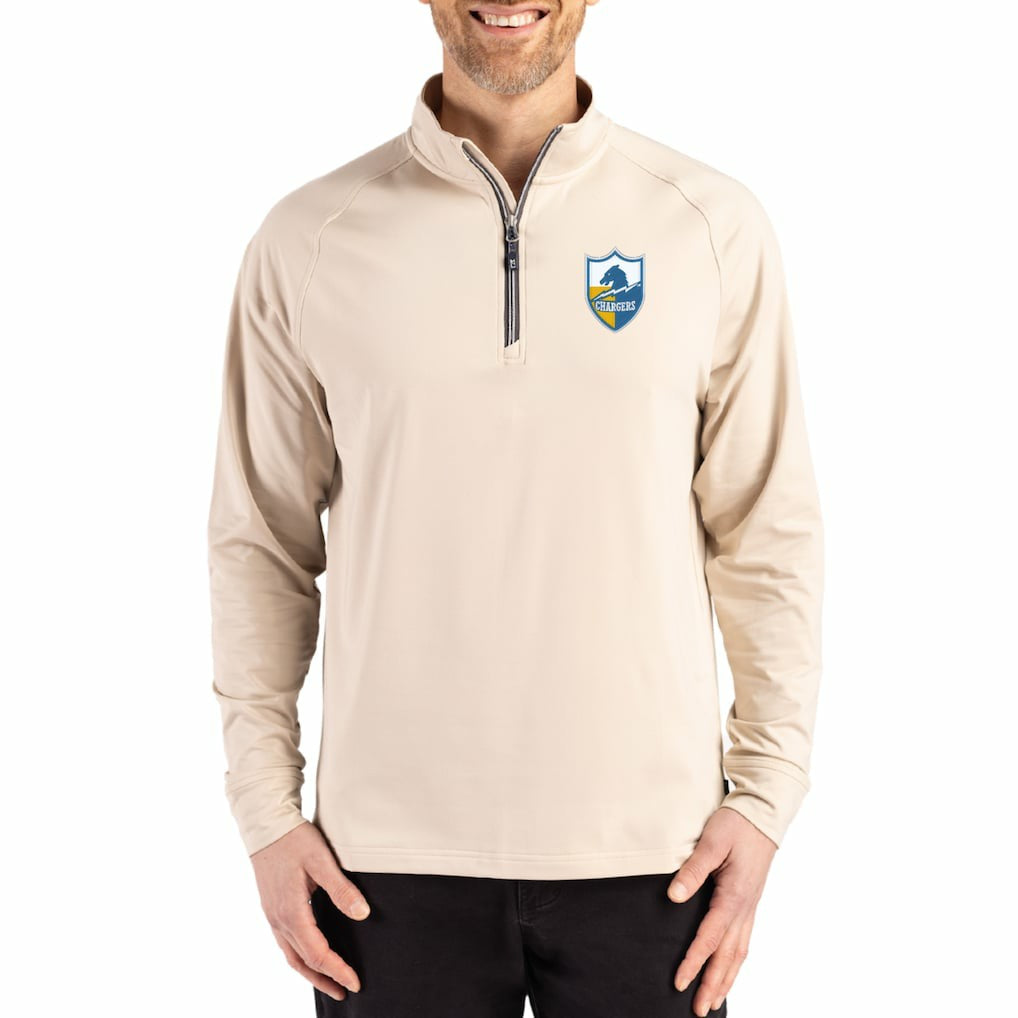 Los Angeles Chargers Cutter & Buck Throwback Logo Adapt Eco Knit Stretch Recycled Quarter-Zip Pullover - Tan for sale