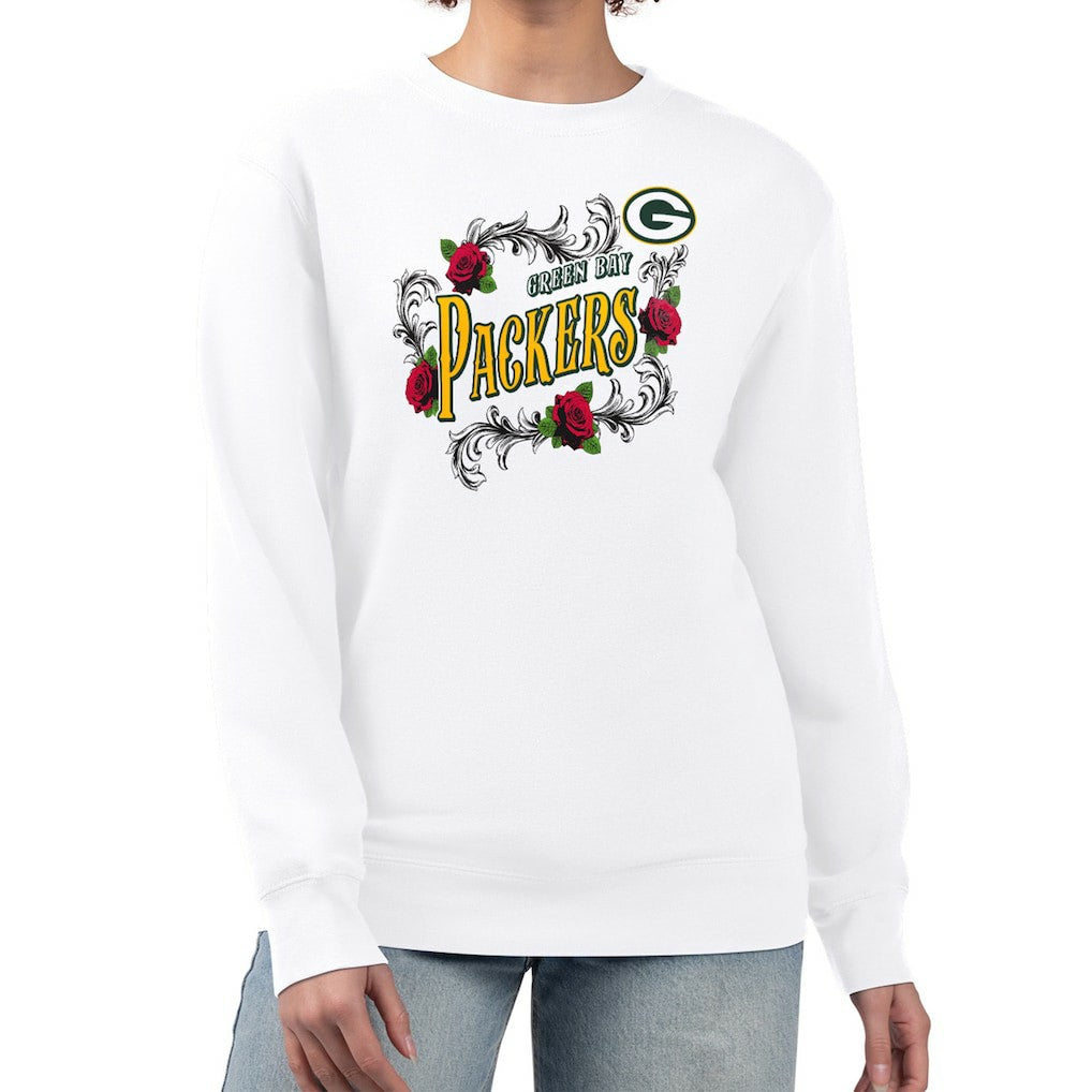 Green Bay Packers G-III 4Her by Carl Banks Women's Roses Fleece Tri-Blend Pullover Sweatshirt - White outlet