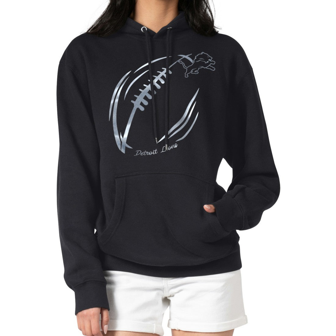 Detroit Lions G-III 4Her by Carl Banks Women's Metallic Print Football Sketch Fleece Pullover Hoodie - Black outlet