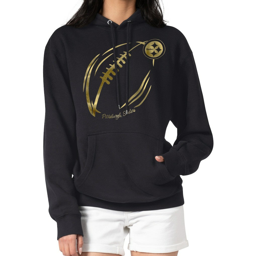 Pittsburgh Steelers G-III 4Her by Carl Banks Women's Metallic Print Football Sketch Fleece Pullover Hoodie - Black outlet