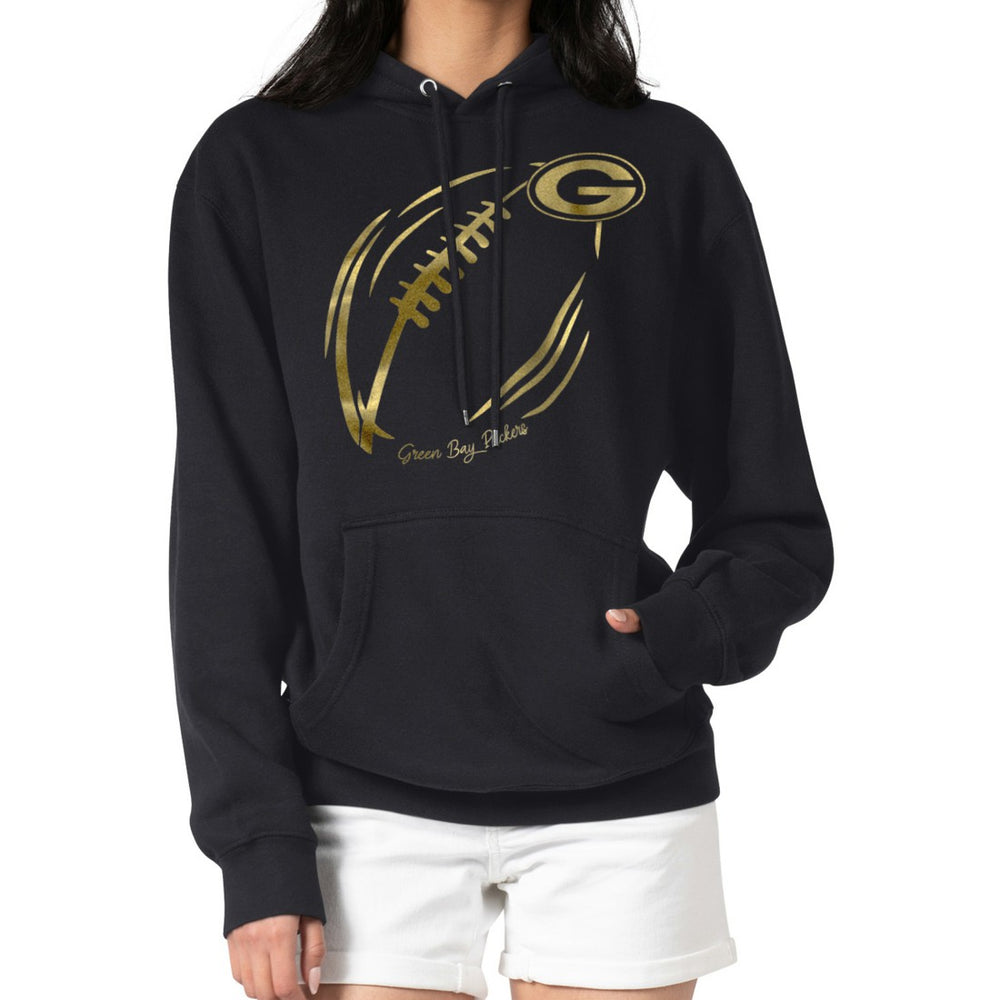 Green Bay Packers G-III 4Her by Carl Banks Women's Metallic Print Football Sketch Fleece Pullover Hoodie - Black cheap
