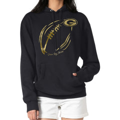 Green Bay Packers G-III 4Her by Carl Banks Women's Metallic Print Football Sketch Fleece Pullover Hoodie - Black cheap