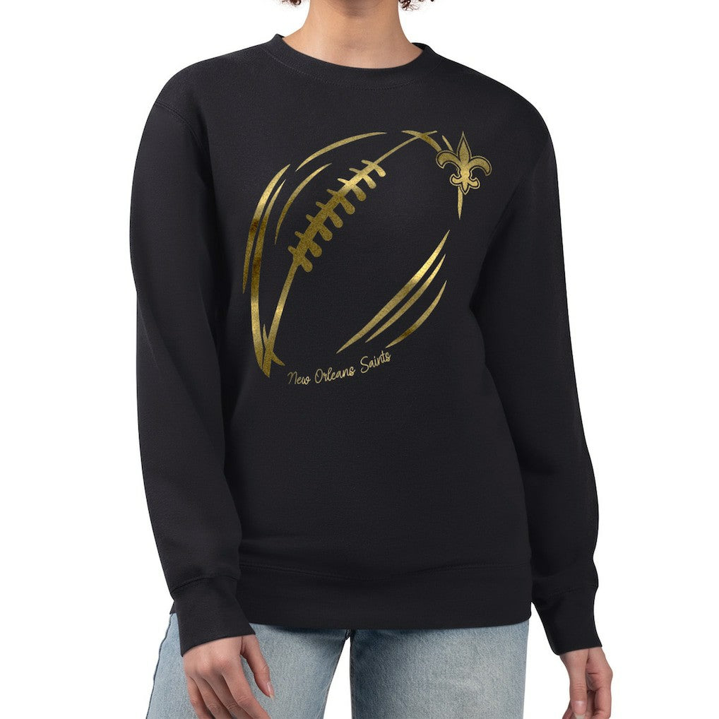 New Orleans Saints G-III 4Her by Carl Banks Women's Metallic Print Football Sketch Fleece Crewneck Sweatshirt - Black sale