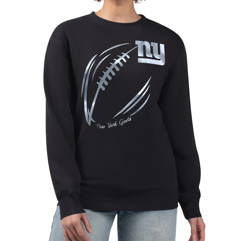 New York Giants G-III 4Her by Carl Banks Women's Metallic Print Football Sketch Fleece Crewneck Sweatshirt - Black sale