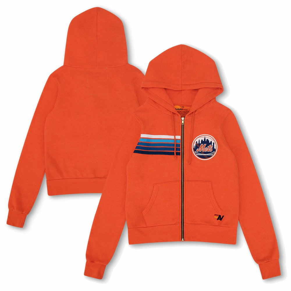 New York Mets Aviator Nation x MLB Unisex Five-Stripe Tri-Blend Full-Zip Hoodie - Orange
