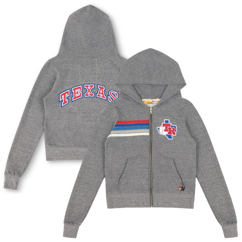 Texas Rangers Aviator Nation x MLB Unisex 5-Stripe Tri-Blend Full-Zip Hoodie - Heather Gray