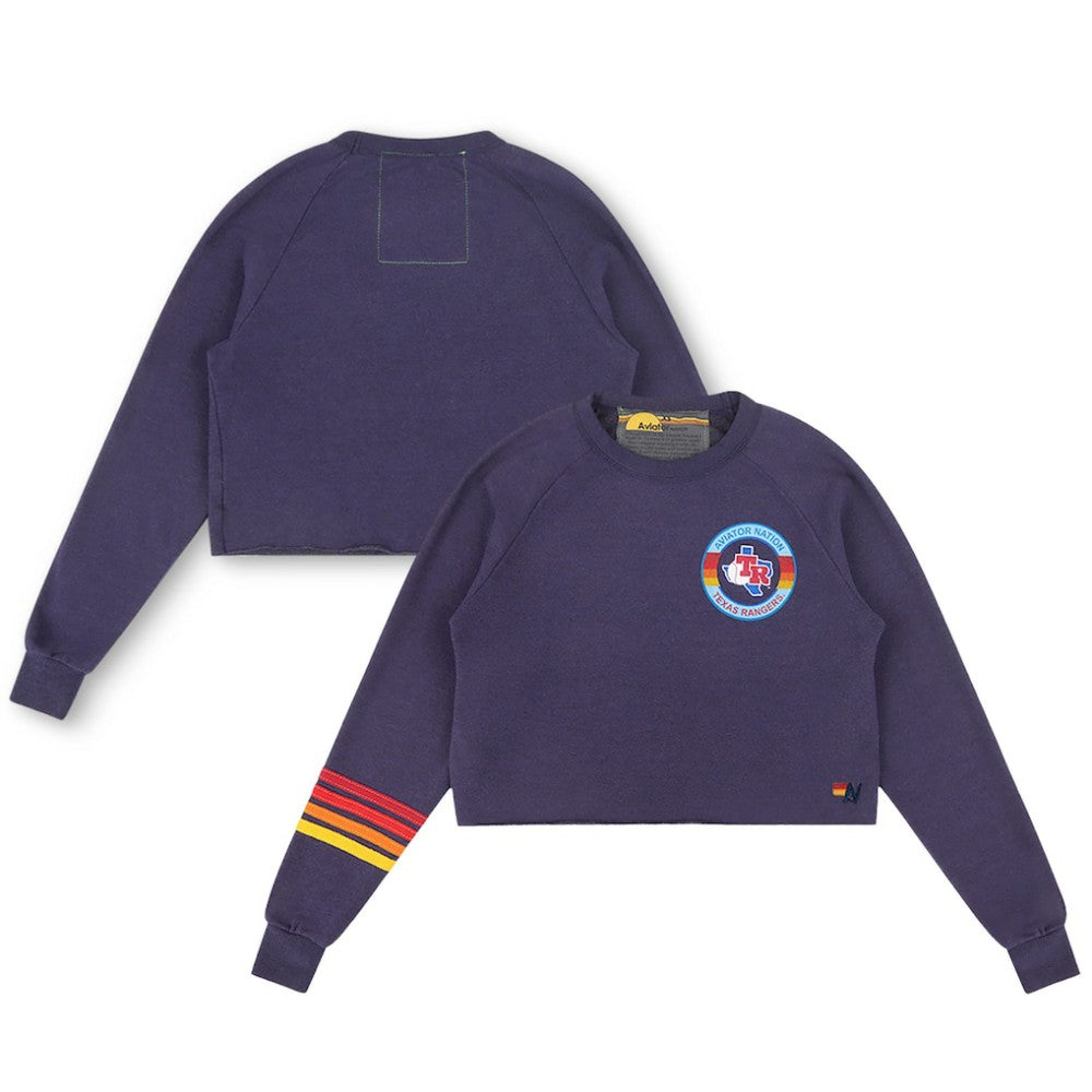 Texas Rangers Aviator Nation x MLB Women's Rugby Stitch Cropped Tri-Blend Pullover Sweatshirt - Navy