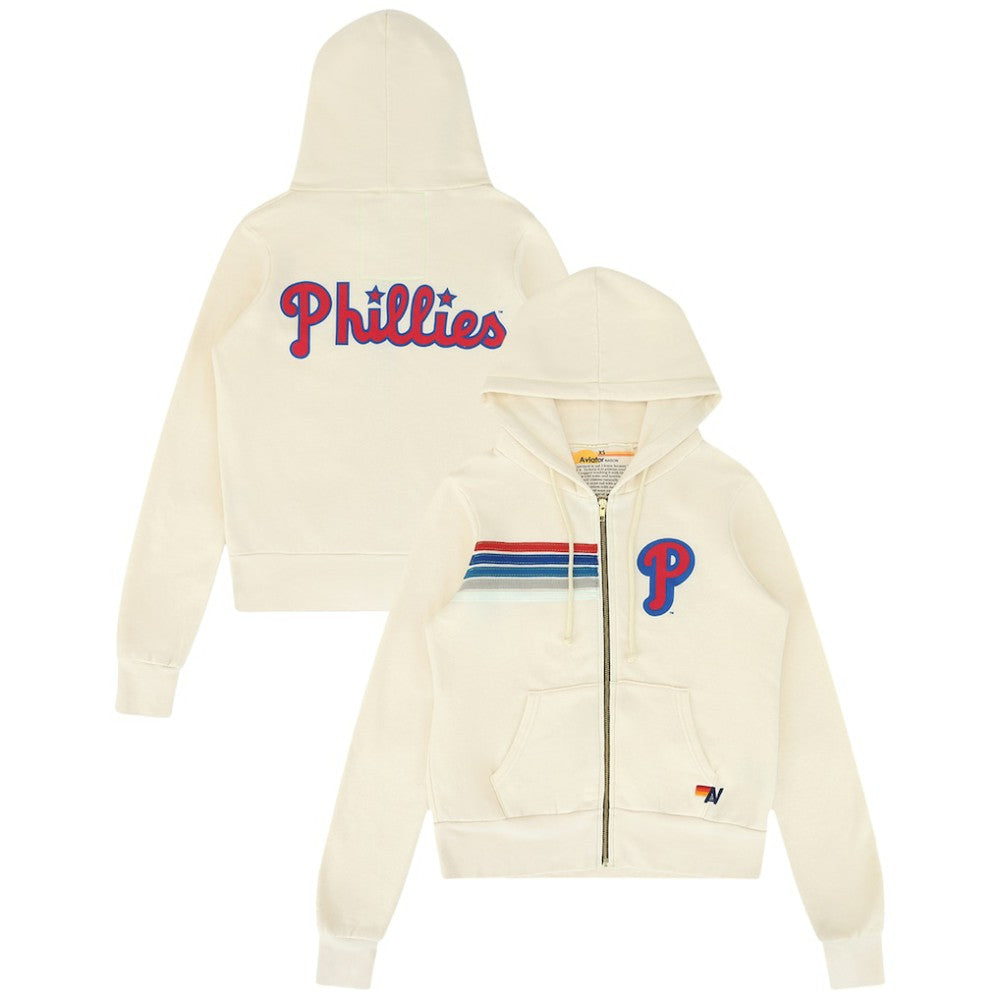 Philadelphia Phillies Aviator Nation x MLB Unisex Five-Stripe Tri-Blend Full-Zip Hoodie - Cream