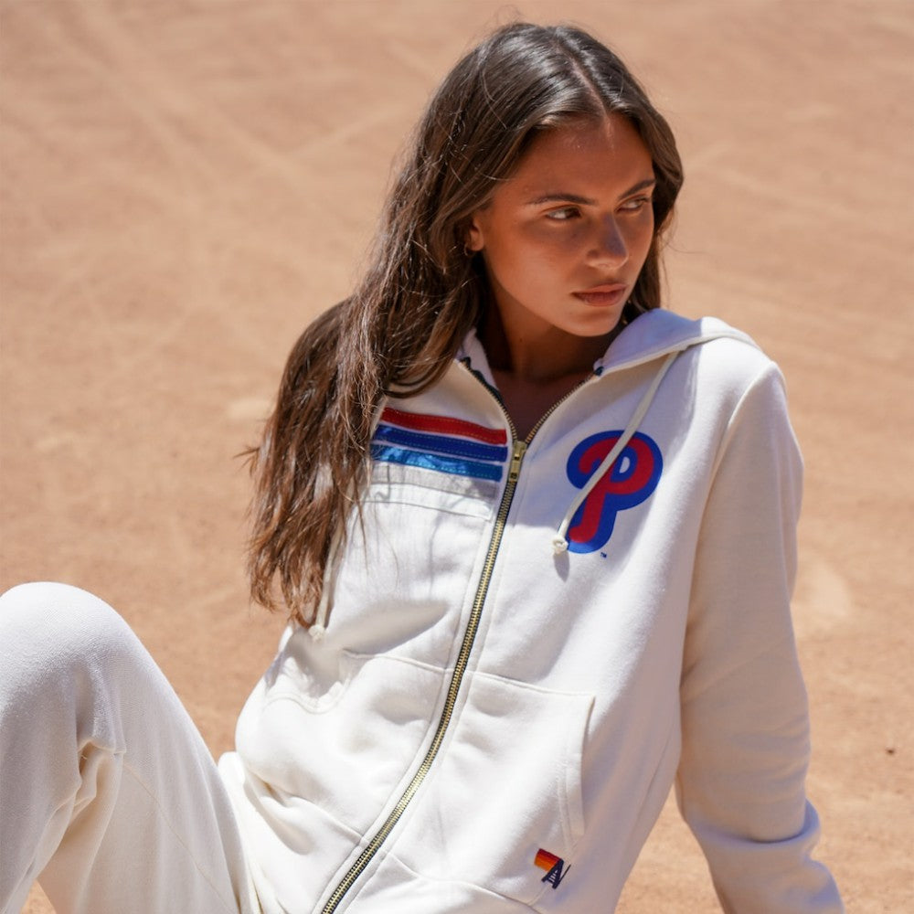 Philadelphia Phillies Aviator Nation x MLB Unisex Five-Stripe Tri-Blend Full-Zip Hoodie - Cream