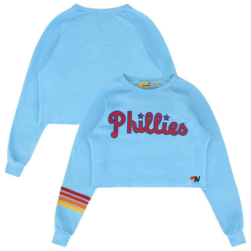 Philadelphia Phillies Aviator Nation x MLB Women's Rugby Stitch Cropped Tri-Blend Sweatshirt - Light Blue