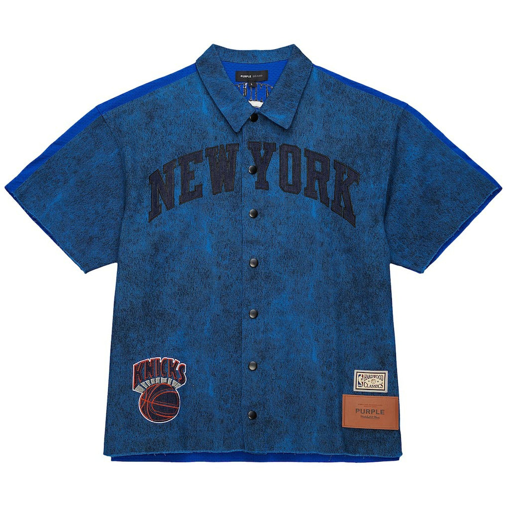 New York Knicks x Purple Brand Button-Up Shooting Shirt - Navy | Mitchell & Ness shop