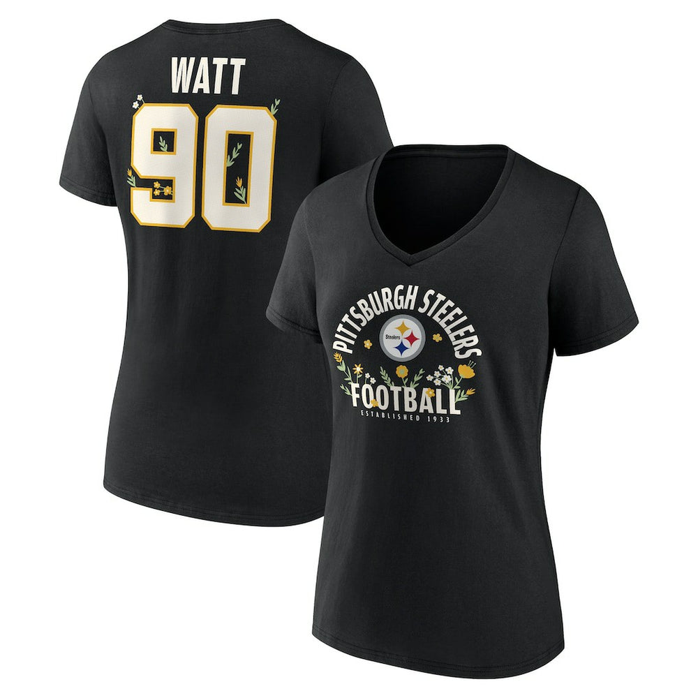T.J. Watt Pittsburgh Steelers Women's Floral Name & Number V-Neck T-Shirt - Black discount