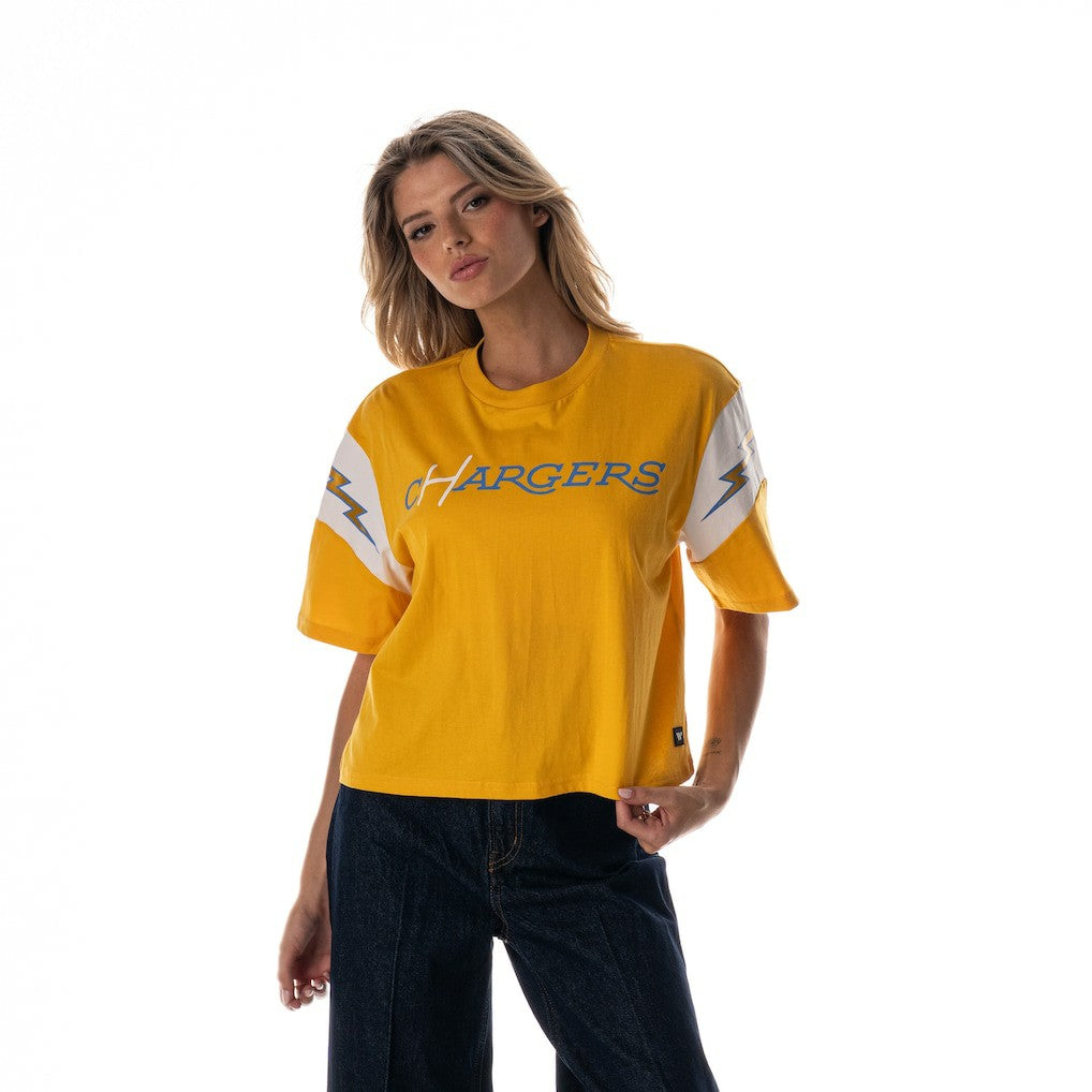 Los Angeles Chargers The Wild Collective Women's Charger Power Contrast Sleeve Insert T-Shirt - Gold cheap
