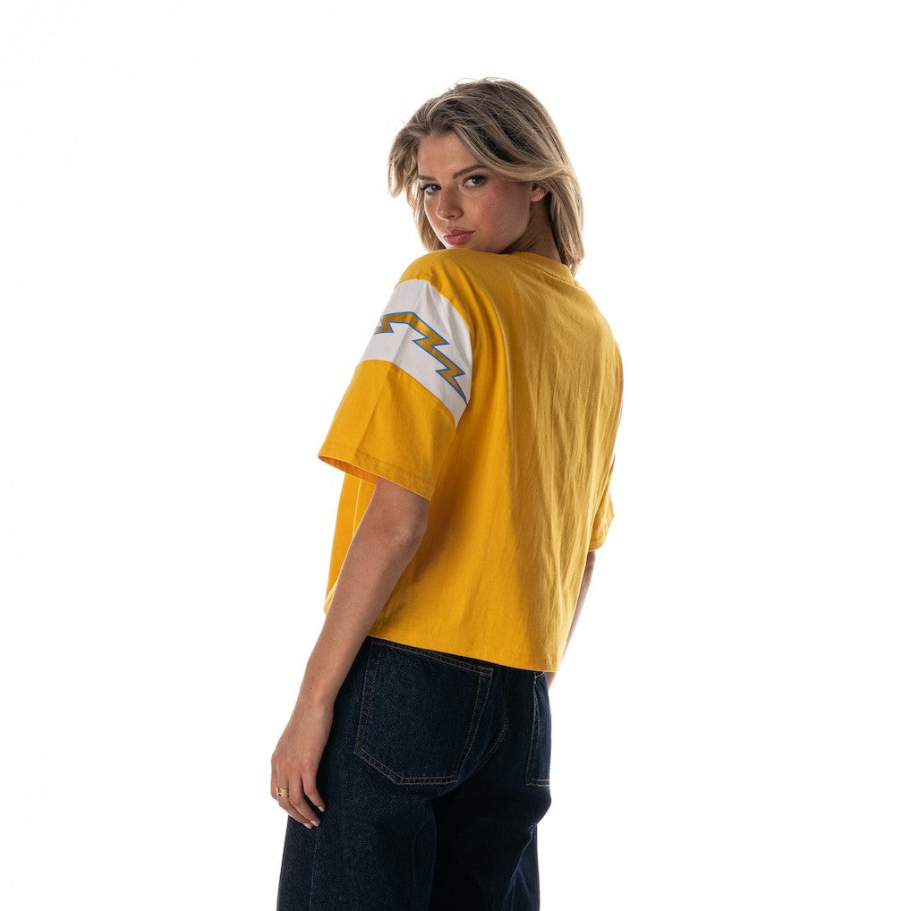 Los Angeles Chargers The Wild Collective Women's Charger Power Contrast Sleeve Insert T-Shirt - Gold cheap