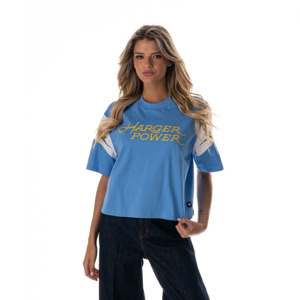 Los Angeles Chargers The Wild Collective Women's Charger Power Contrast Sleeve Insert T-Shirt - Powder Blue outlet