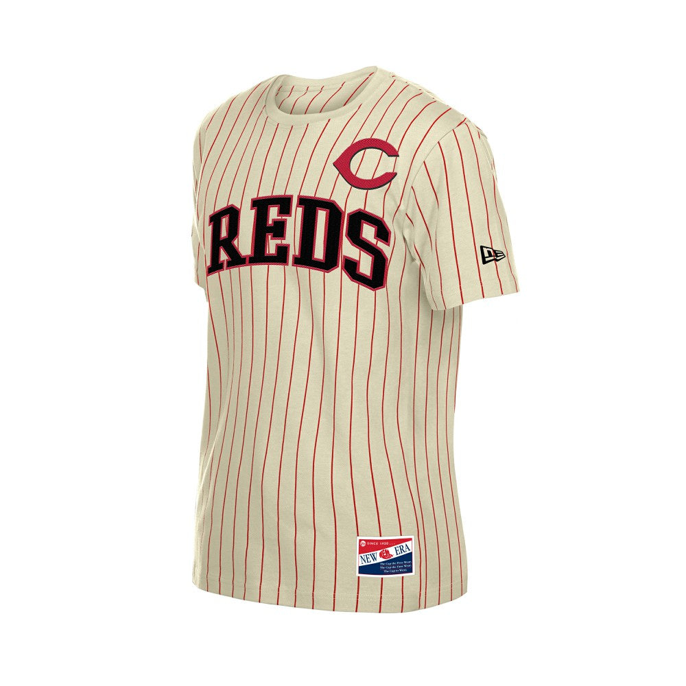 Cincinnati Reds Throwback Meshback Pinstripe T-Shirt - Cream | New Era