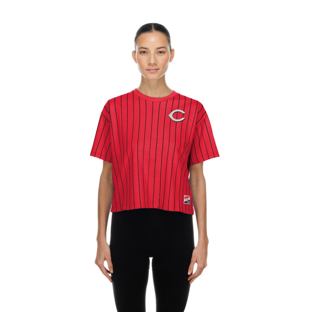 Cincinnati Reds Women's Throwback Meshback Pinstripe Boxy T-Shirt - Red | New Era