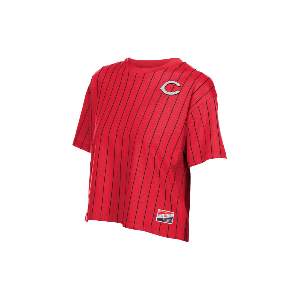 Cincinnati Reds Women's Throwback Meshback Pinstripe Boxy T-Shirt - Red | New Era