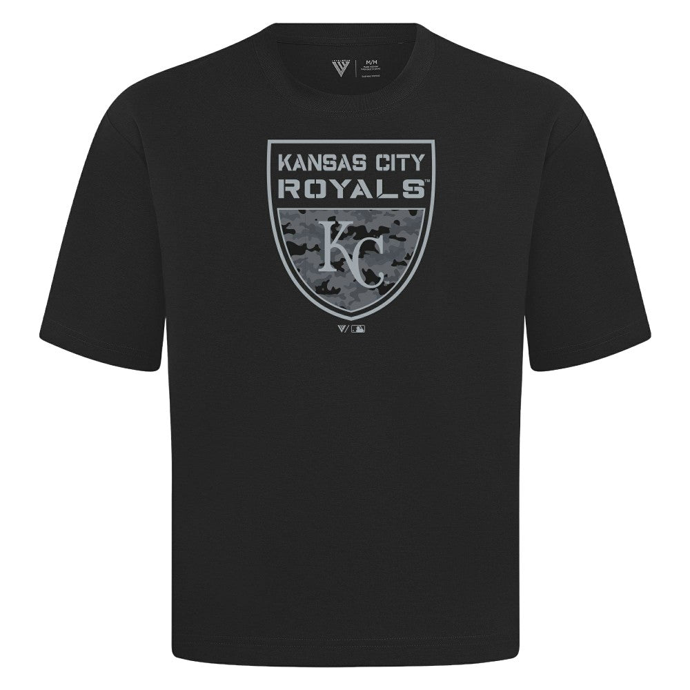 Kansas City Royals Levelwear Oversized Luxe Signature Knit Buckler T-Shirt - Black