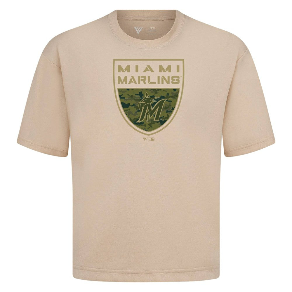 Miami Marlins Levelwear Oversized Luxe Signature Knit Buckler T-Shirt - Khaki
