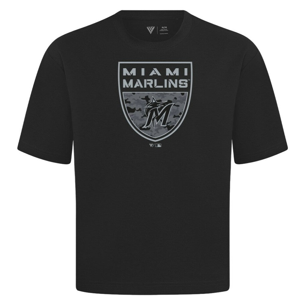 Miami Marlins Levelwear Oversized Luxe Signature Knit Buckler T-Shirt - Black