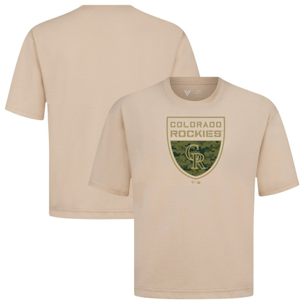 Colorado Rockies Levelwear Oversized Luxe Signature Knit Buckler T-Shirt - Khaki