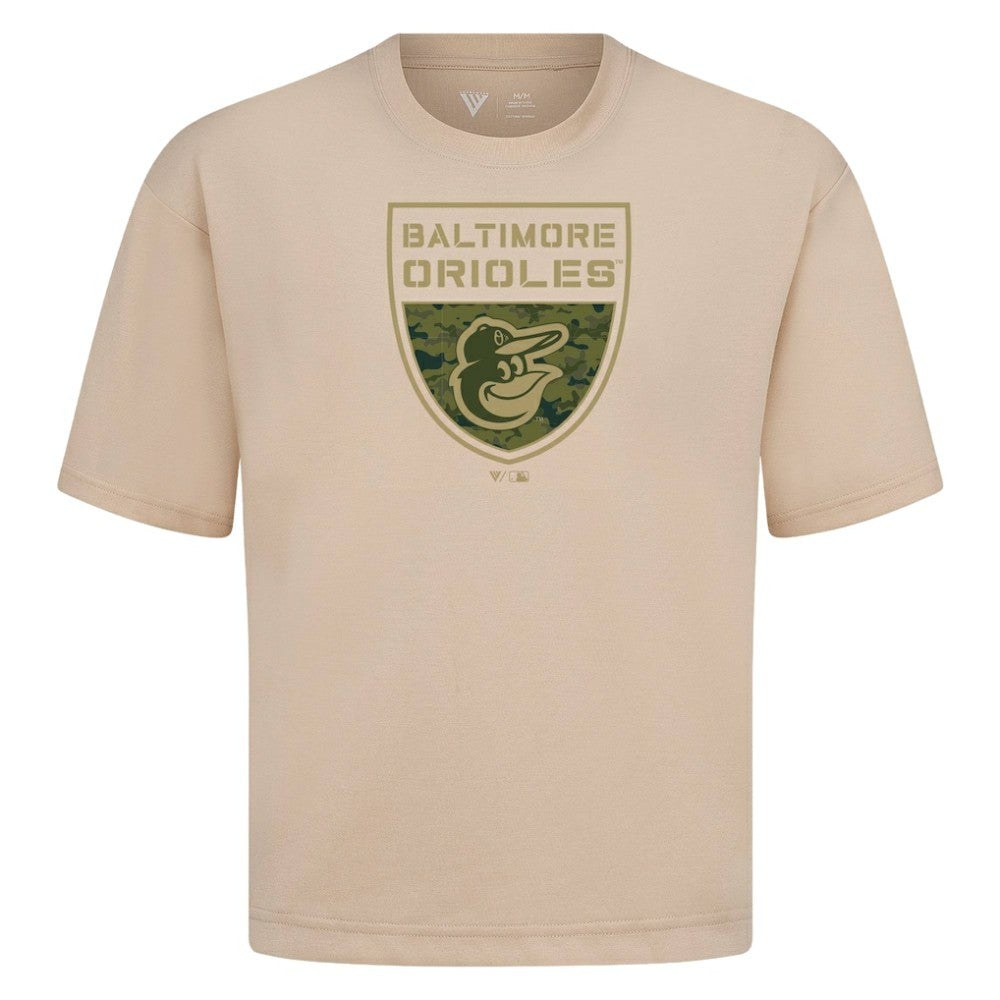 Baltimore Orioles Levelwear Oversized Luxe Signature Knit Buckler T-Shirt - Khaki