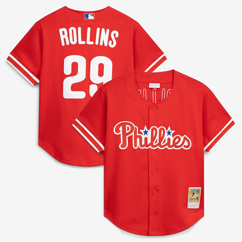 Jimmy Rollins Philadelphia Phillies Cooperstown Mesh Batting Practice Button-Up Jersey - Red | Mitchell & Ness