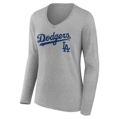 Los Angeles Dodgers Women's Team Lockup Long Sleeve V-Neck T-Shirt - Gray