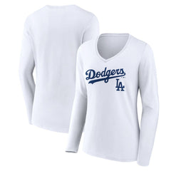 Los Angeles Dodgers Women's Team Lockup Long Sleeve V-Neck T-Shirt - White