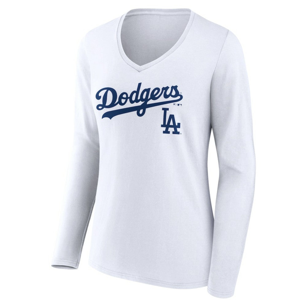 Los Angeles Dodgers Women's Team Lockup Long Sleeve V-Neck T-Shirt - White