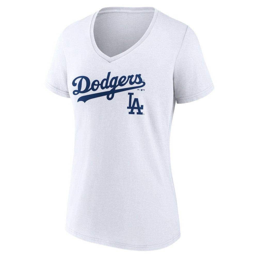 Los Angeles Dodgers Women's Team Lockup V-Neck T-Shirt - White