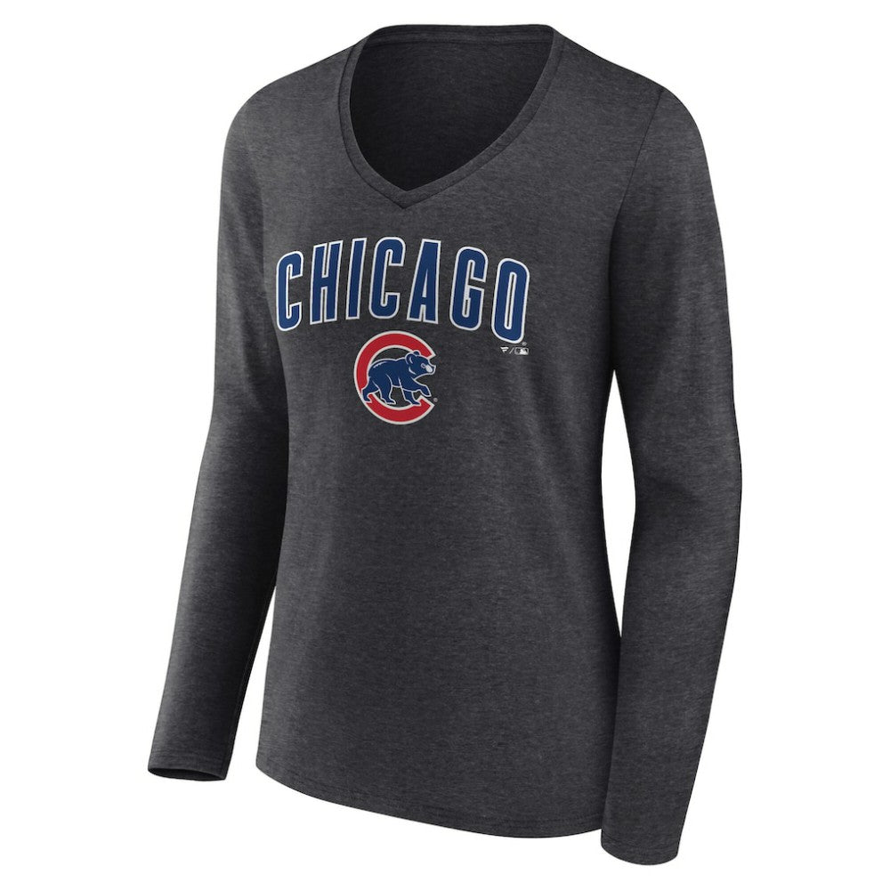 Chicago Cubs Women's Team Lockup Long Sleeve V-Neck T-Shirt - Charcoal