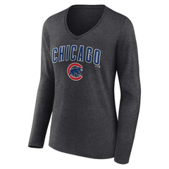Chicago Cubs Women's Team Lockup Long Sleeve V-Neck T-Shirt - Charcoal