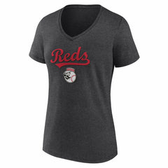 Cincinnati Reds Women's Team Lockup V-Neck T-Shirt - Charcoal