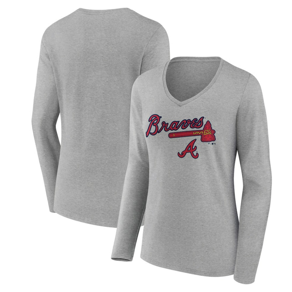 Atlanta Braves Women's Team Lockup Long Sleeve V-Neck T-Shirt - Gray