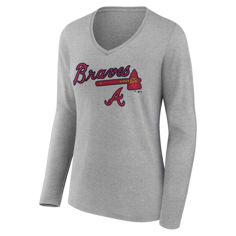Atlanta Braves Women's Team Lockup Long Sleeve V-Neck T-Shirt - Gray