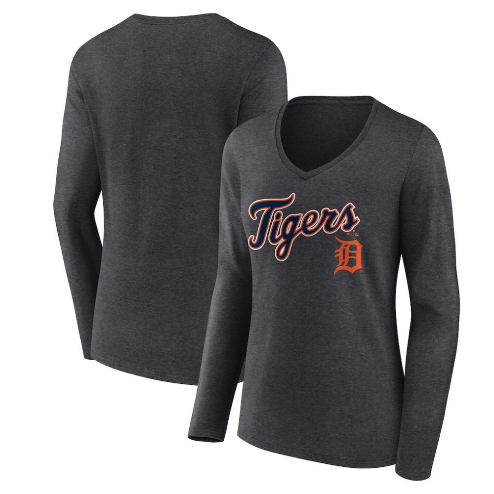 Detroit Tigers Women's Team Lockup Long Sleeve V-Neck T-Shirt - Charcoal