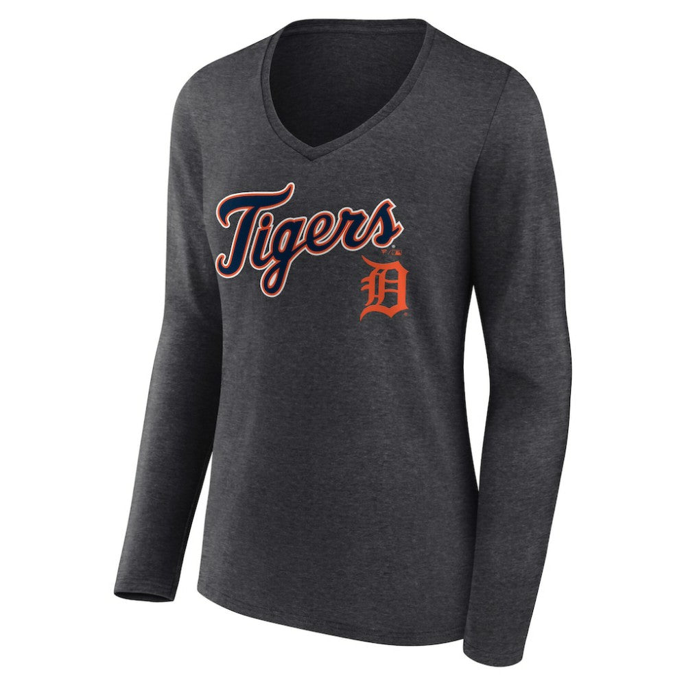 Detroit Tigers Women's Team Lockup Long Sleeve V-Neck T-Shirt - Charcoal