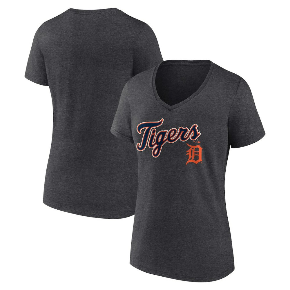 Detroit Tigers Women's Team Lockup V-Neck T-Shirt - Charcoal