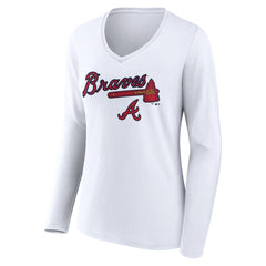 Atlanta Braves Women's Team Lockup Long Sleeve V-Neck T-Shirt - White