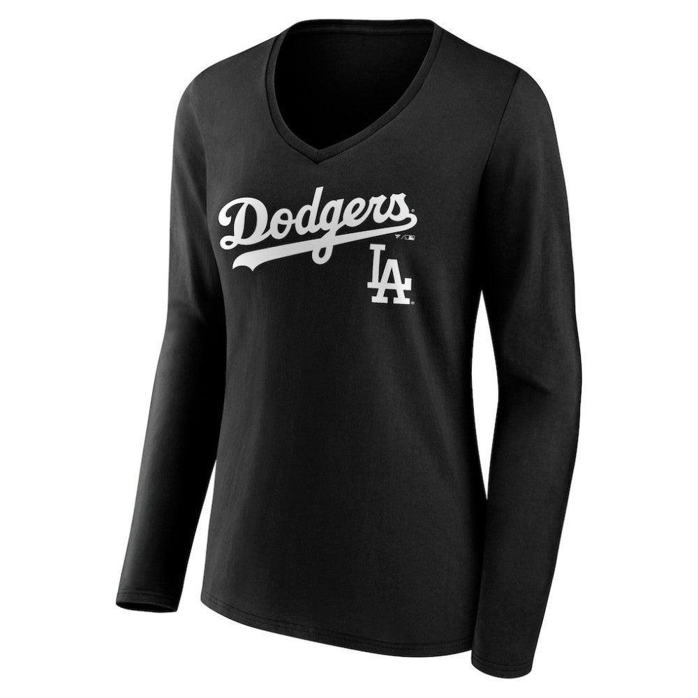 Los Angeles Dodgers Women's Team Lockup Long Sleeve V-Neck T-Shirt - Black