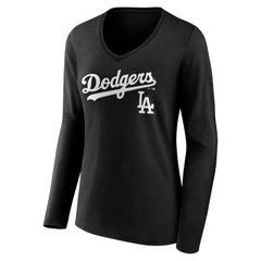 Los Angeles Dodgers Women's Team Lockup Long Sleeve V-Neck T-Shirt - Black