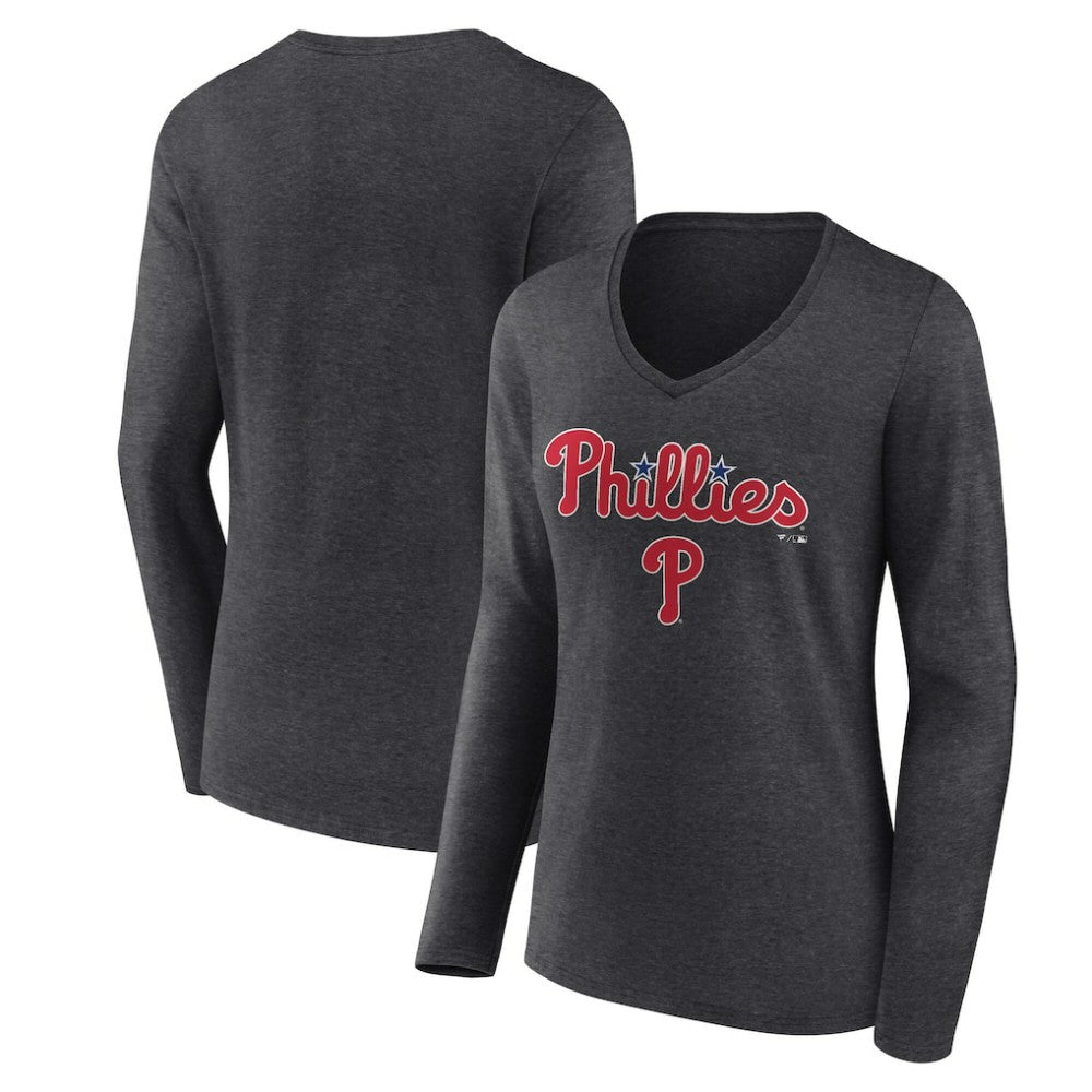 Philadelphia Phillies Women's Team Lockup Long Sleeve V-Neck T-Shirt - Charcoal