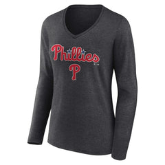 Philadelphia Phillies Women's Team Lockup Long Sleeve V-Neck T-Shirt - Charcoal