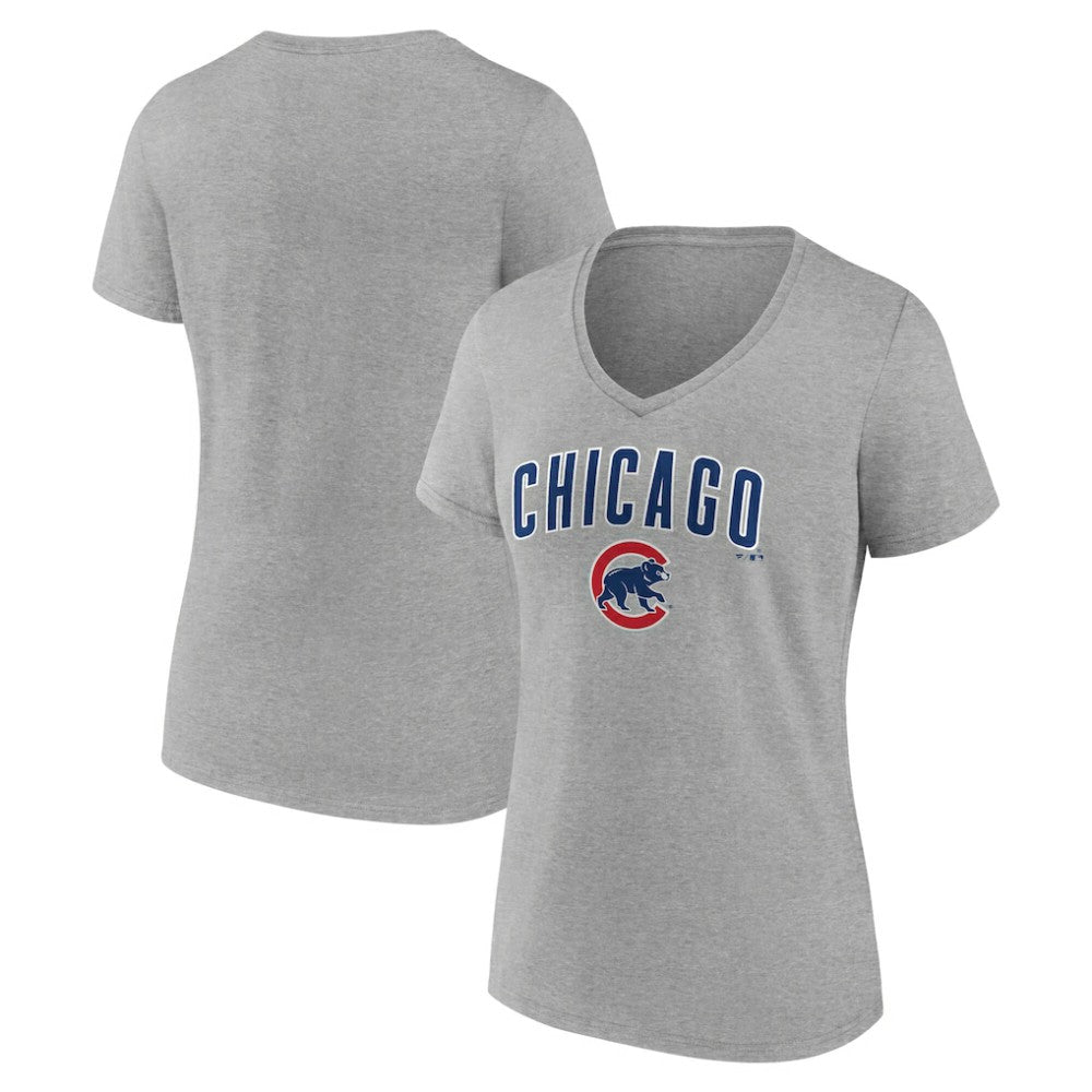 Chicago Cubs Women's Team Lockup V-Neck T-Shirt - Gray
