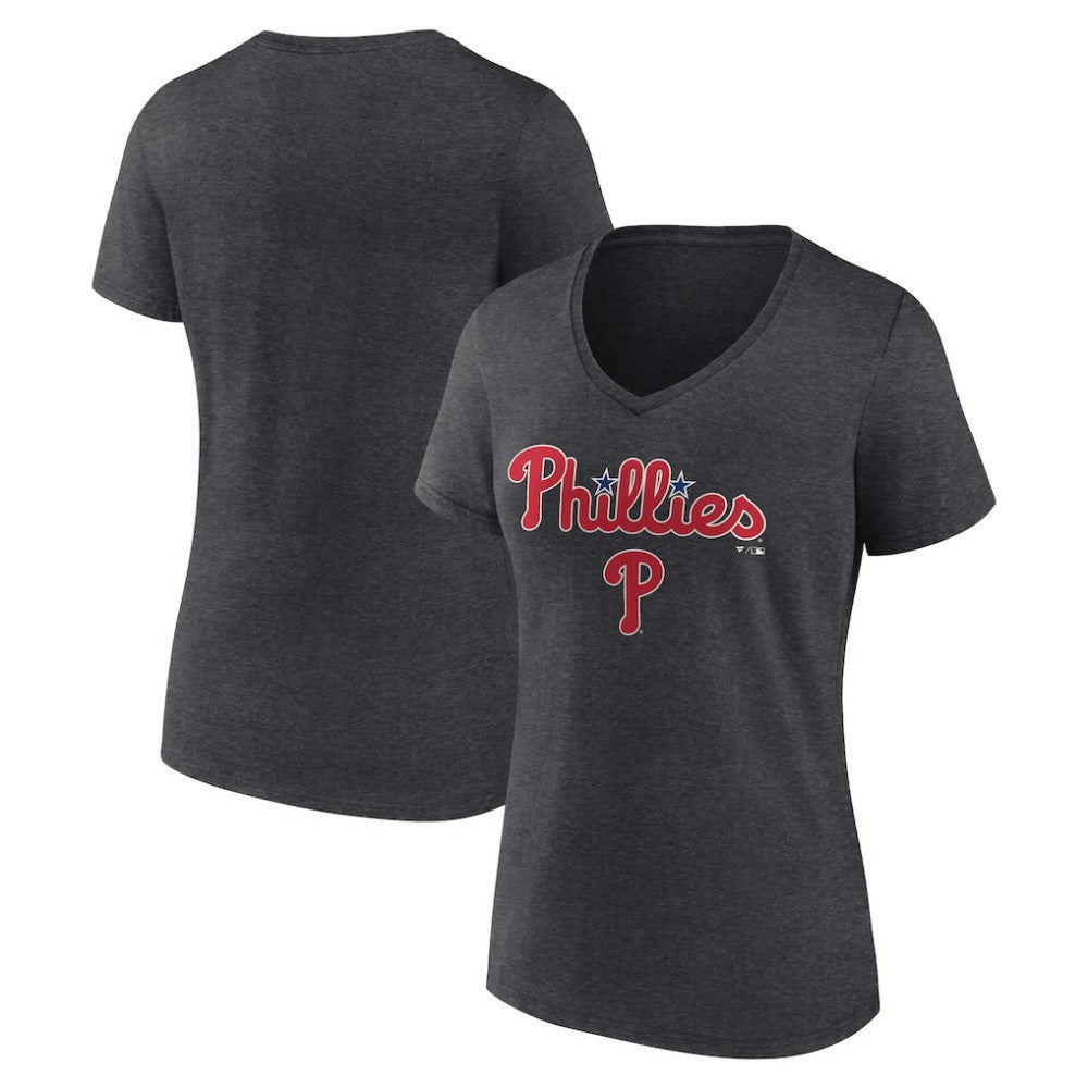Philadelphia Phillies Women's Team Lockup V-Neck T-Shirt - Charcoal