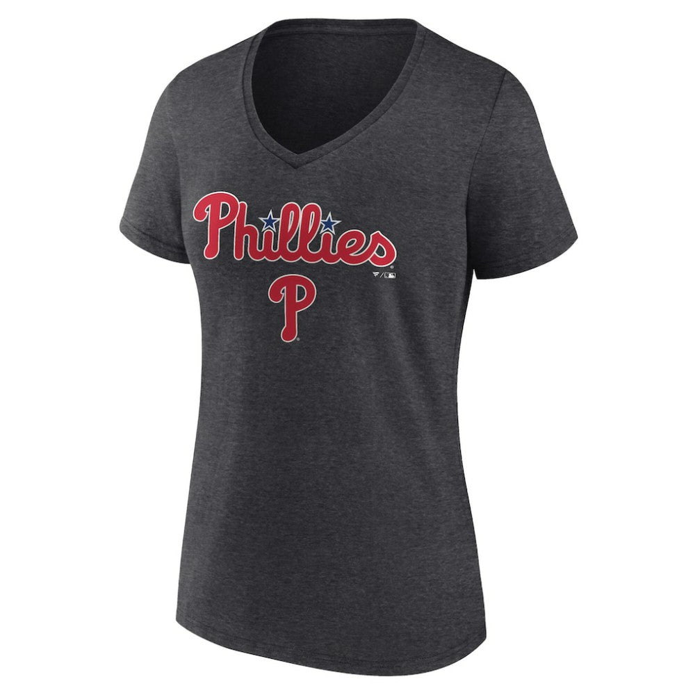 Philadelphia Phillies Women's Team Lockup V-Neck T-Shirt - Charcoal